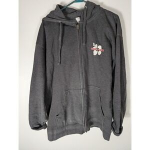 Trader Joes Zip Up Hoodie Mens XL Charcoal Gray Hibiscus Flower Logo MJ Apparel